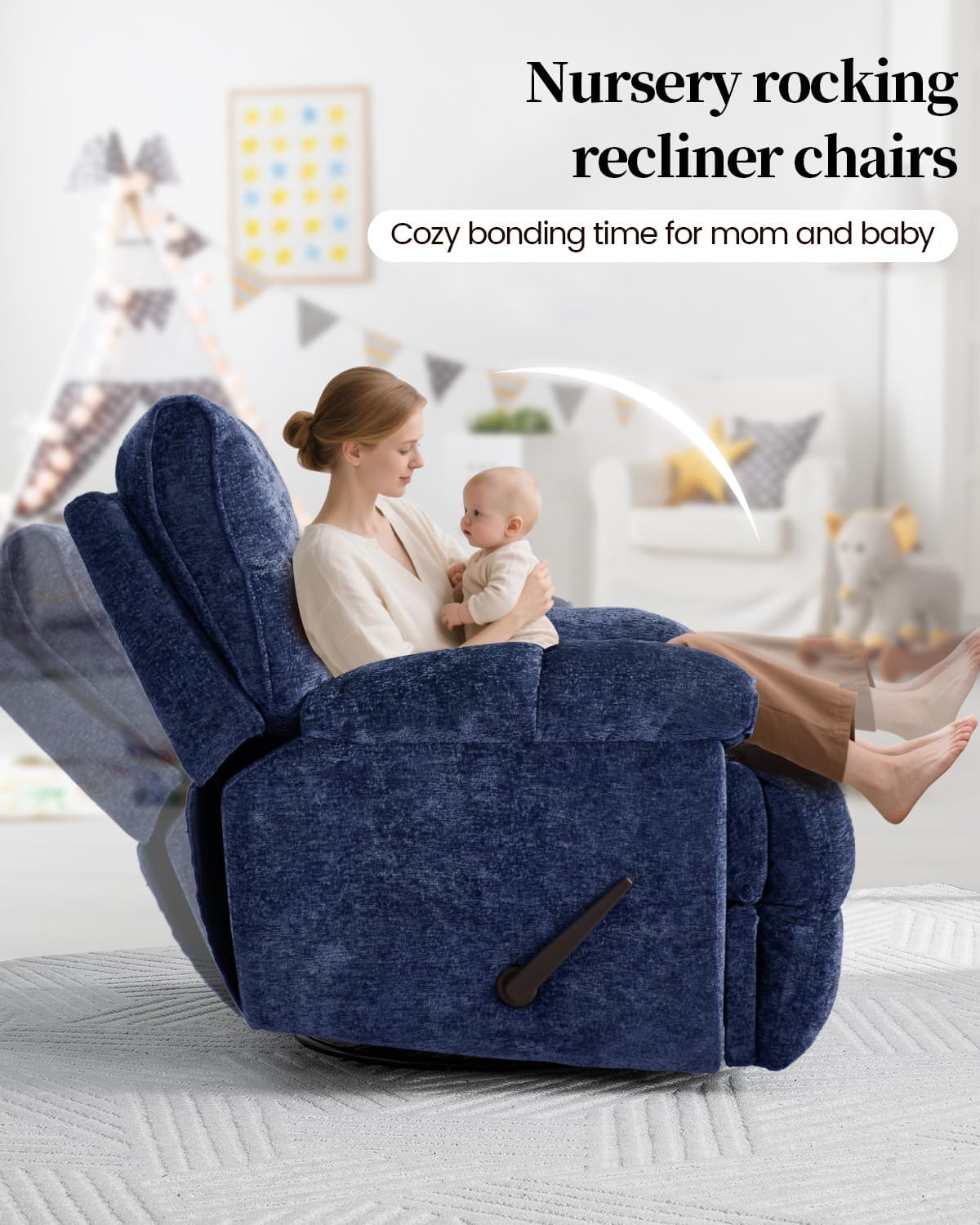 Oversized Manual Recliner Chair with 360° Swivel, Big and Tall Rocker Glider for Nursery Living Room, Chenille Overstuffed Reclining Sofa with Handle, 375lbs (Blue, Manual)