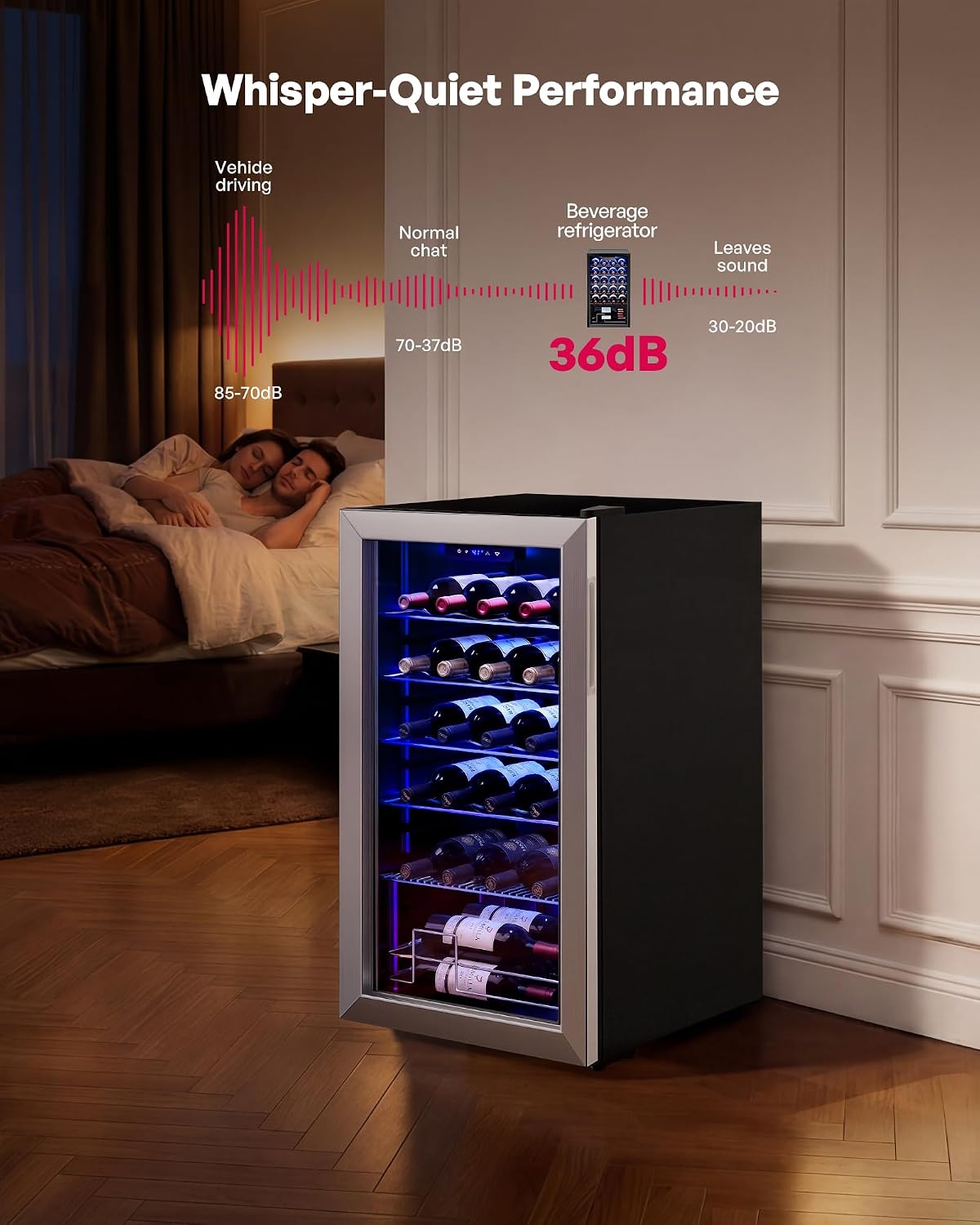 Icyglee 25 Bottle Compressor Wine Cooler Refrigerator, Freestanding Wine Cellar, 41-64°F Adjustable Temperature, Double-layer Glass Door, for Home Bar, Red and White Wine, Silver