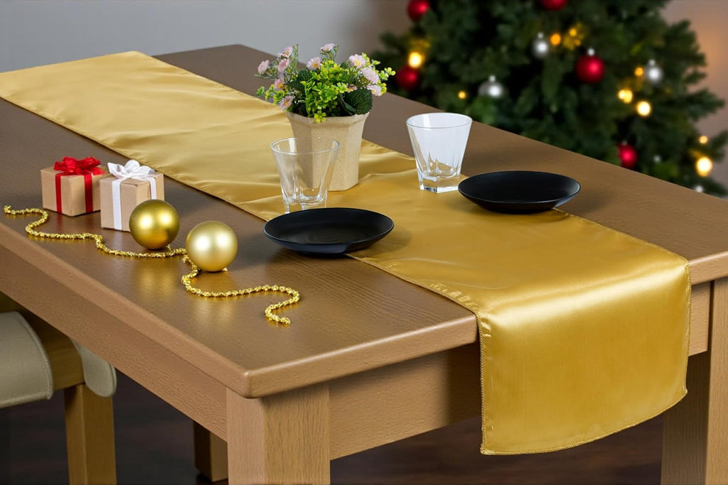 MDS 50 PCS Satin Table Runners 12 x 108 Inch Charmeuse Sateen Silk Table Runner for Indoor Outdoor Wedding Reception Birthday Graduation Party Event Banquet Dining Table Decoration - Gold