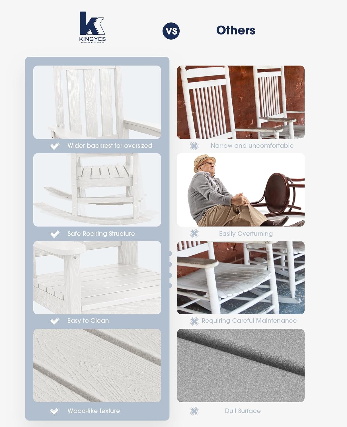 KINGYES Oversized Outdoor Rocking Chair Set of 6, All-Weather Patio Rocking Chairs for Porch, HDPE Outdoor Patio Recliner Rockers with High Back & Wide Seat for Garden, Lawn, White