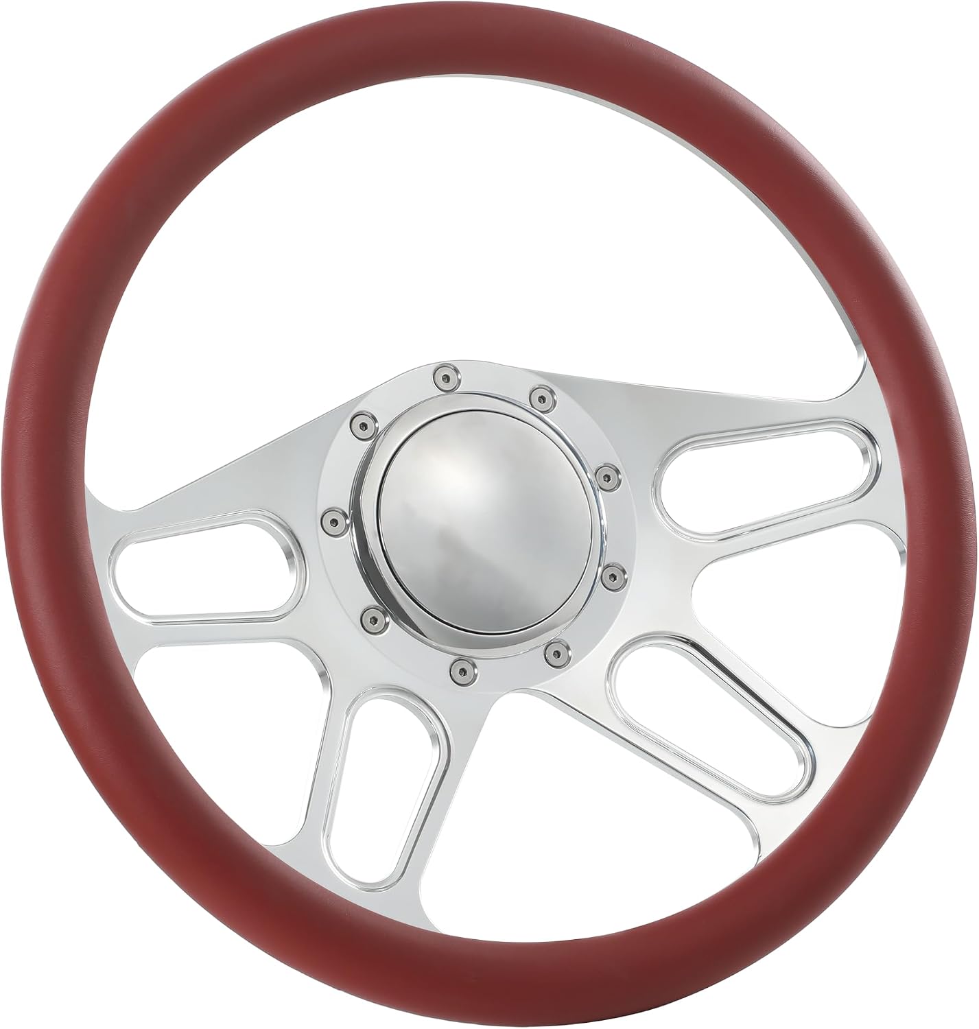 14'' Billet 4-slot Half Wrap 9 Bolts Steering Wheel with 2'' Dish and Horn Button Compatible with Chevy, Ford, GM (Burgundy)