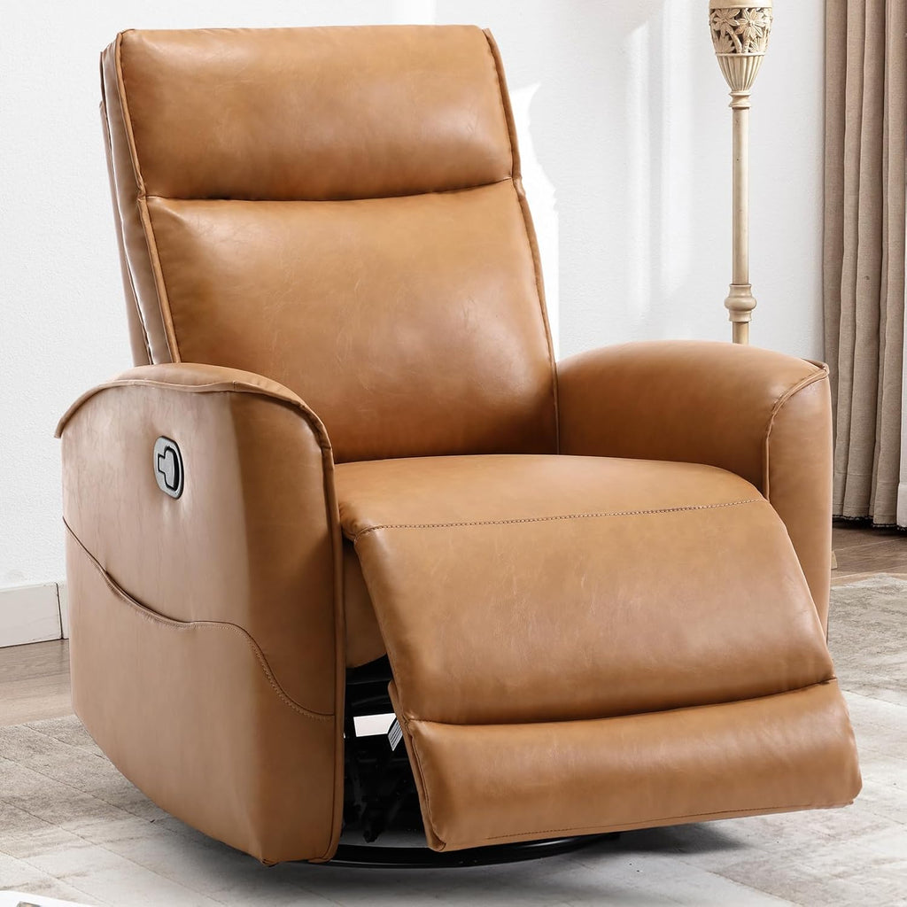 CANMOV Leather Recliner Chair, Swivel Rocker Recliner Chair, 360°Swivel Nursery Glider Recliner, Manual Recliner for Small Spaces,Living Room,Bedroom,Brown