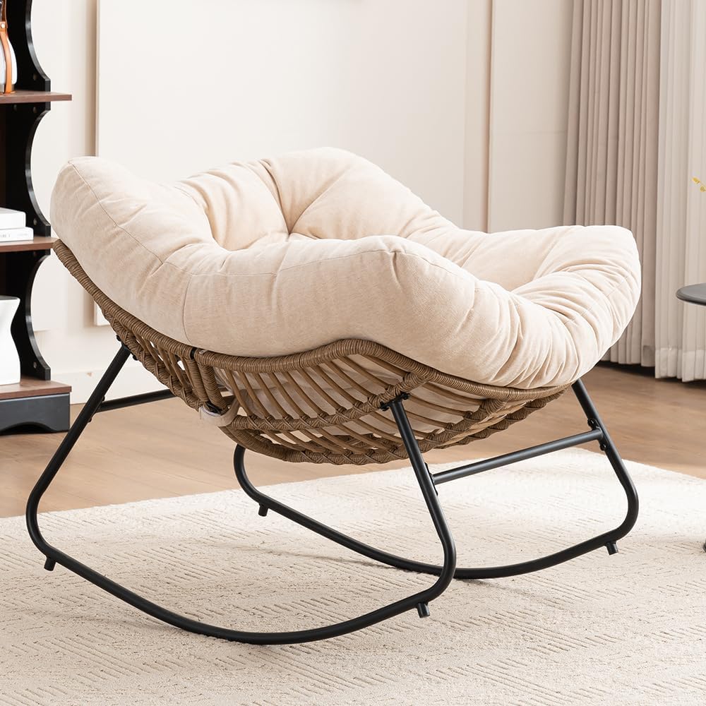 Outdoor Papasan Chair, Oversized Rocking Chair with Cushion and Metal Frame, Patio Lounge Rocking Chair for Balcony Backyard Porch Bedroom Living Room (Beige)