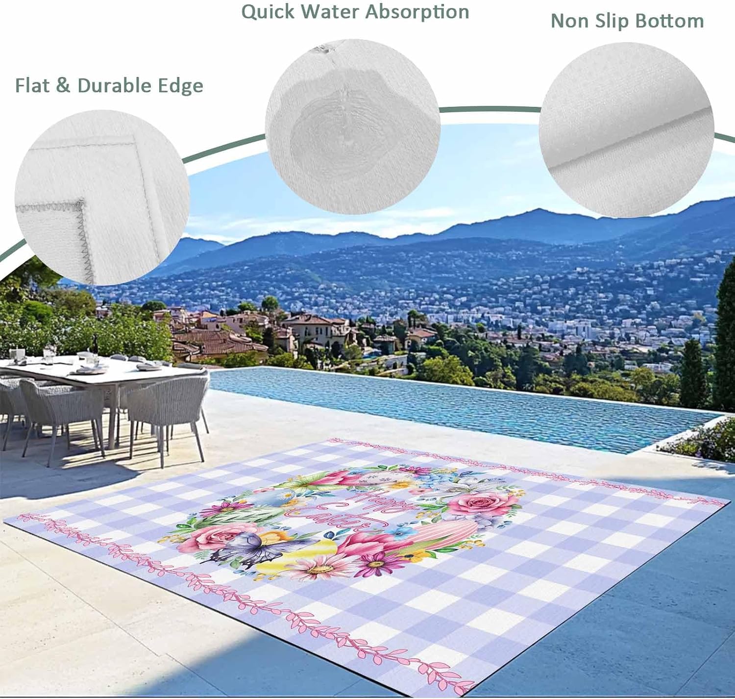 Happy Easter Outdoor Rug for Patio/Deck/Porch, Non-Slip Large Area Rug 4 x 6 Ft, Colorful Eggs Flowers Butterfly Purple Plaid Indoor Outdoor Rugs Washable Area Rugs, Camping Rug Carpet Runner