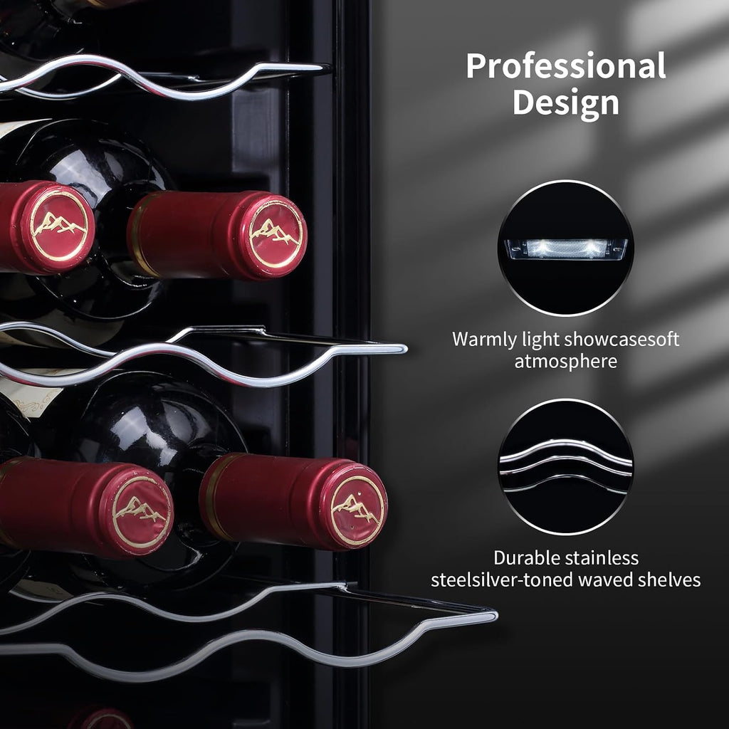 12 Bottle Black Wine Fridge,Freestanding Stainless Steel Small Wine Cooler For Red&White Wine,Wine Cooler Refrigerator 41°-64°F Digital Temperature Control Glass Door For Bar,Home Black