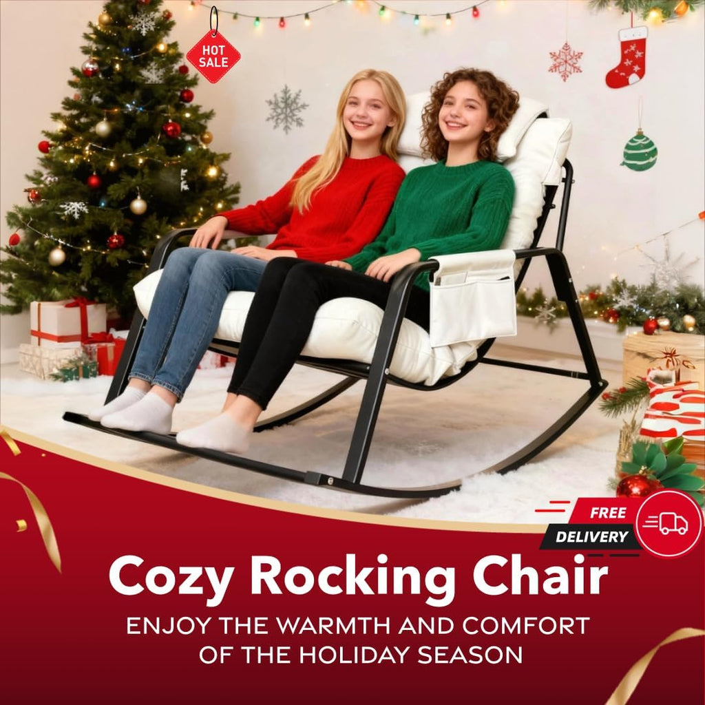 Oversized Padded Rocking Chair with Cushioned Seat, Ergonomic Design, Durable Metal Frame, for Indoor and Outdoor, Living Room, Bedroom, Porch, Patio, Garden