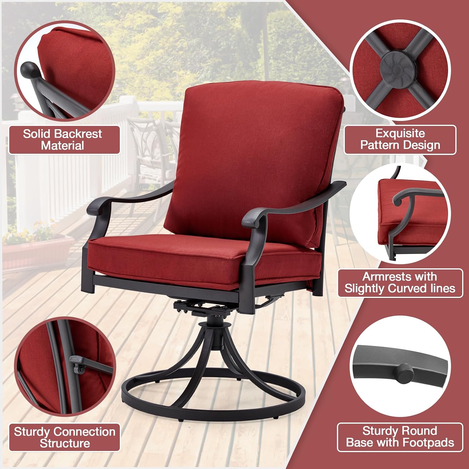 MELLCOM Patio Swivel Chair Set of 4, Heavy Duty Outdoor Dining Chairs with Thickened Cushions, Metal Patio Chairs Gentle Rocker for Outside, Garden Lawn & Porch, Backyard, Red
