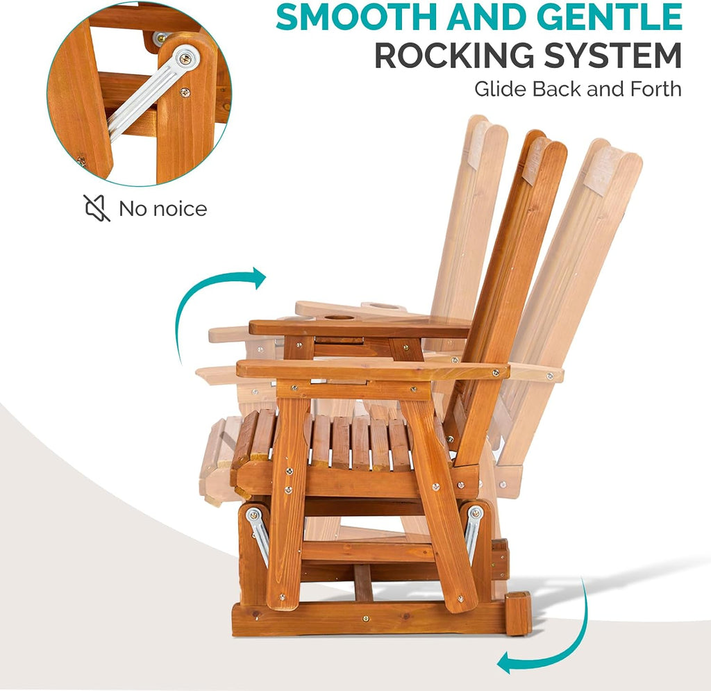 VINGLI Wooden Patio Glider, Heavy Duty 600 LBS Outdoor Glider with Cup Holders, Single Wooden Glider Bench with High Backrest for Garden, Yard, Patio, Teak