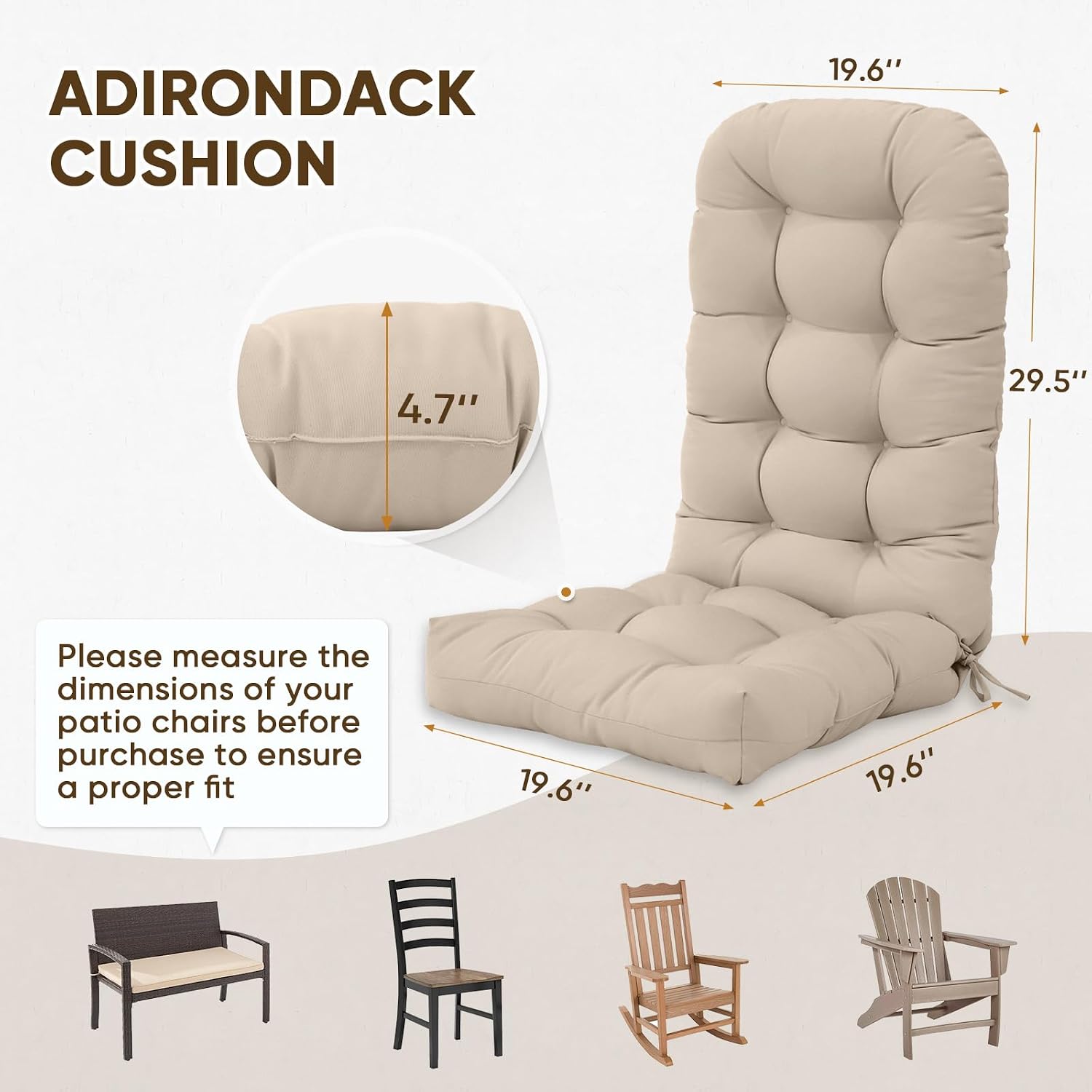 COOS BAY High Back Adirondack Chair Cushions for Outdoor Furniture, 49x20x5 in Water-Resistant Thick Tufted Patio Chair Cushions with Secure Straps, 2 Pack, Beige