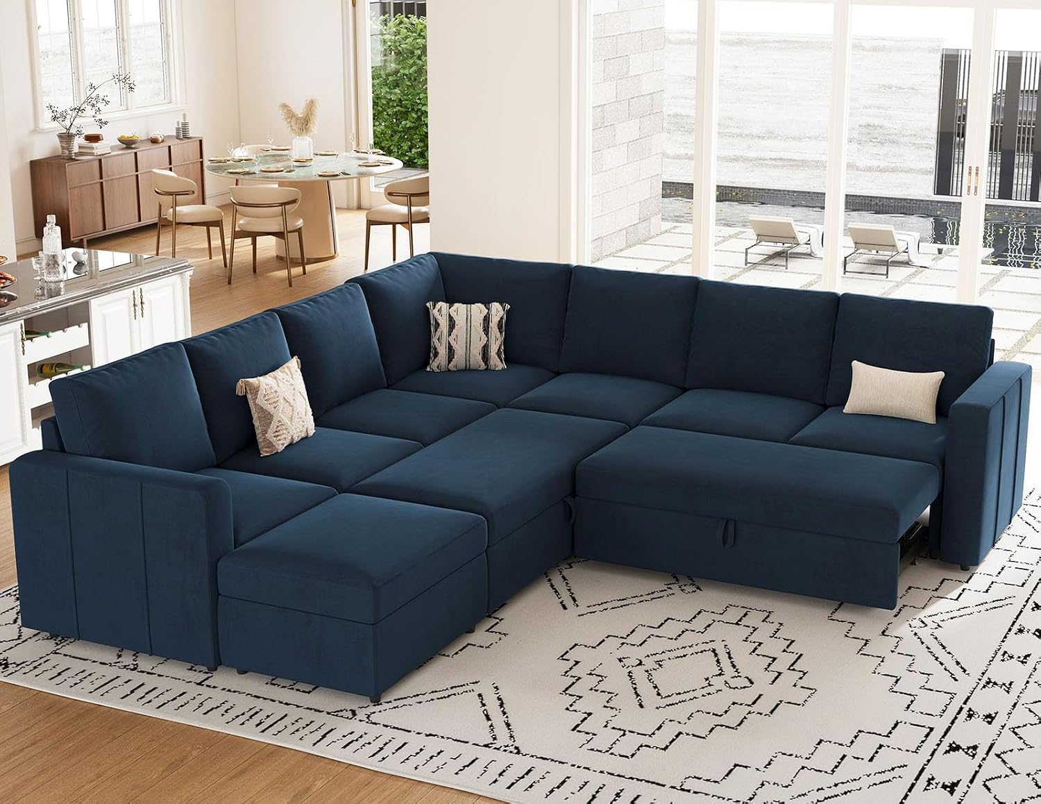Belffin Modular Sectional Sofa with Sleeper Sofa Couch Pullout Bed, Oversized U Shaped Sleeper Sectional Couch with Storage Seat for Living Room, Blue