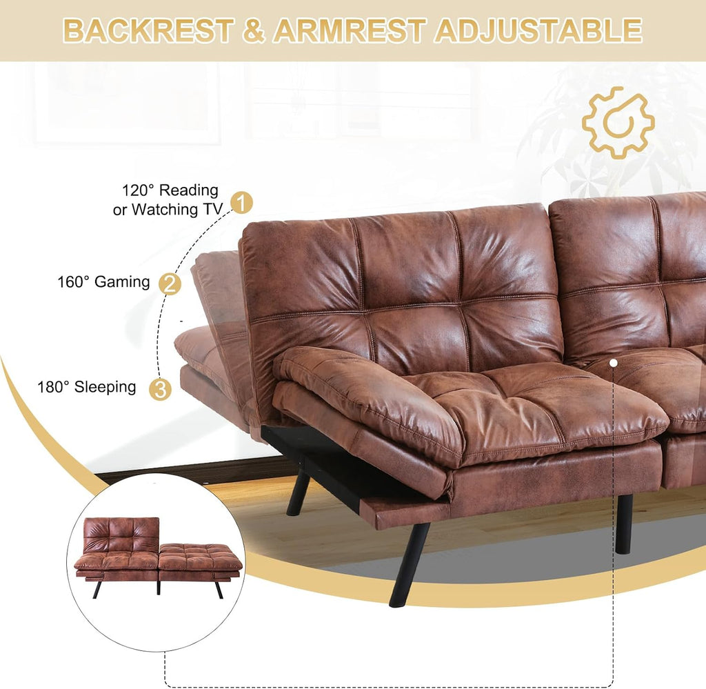 MUUEGM Futon Convertible Sofa Bed, Memory Foam Sleeper Couch,Modern Loveseat for Living Room,Adjustable Armrests Backrest Sofabed, Brown,Faux Leather.