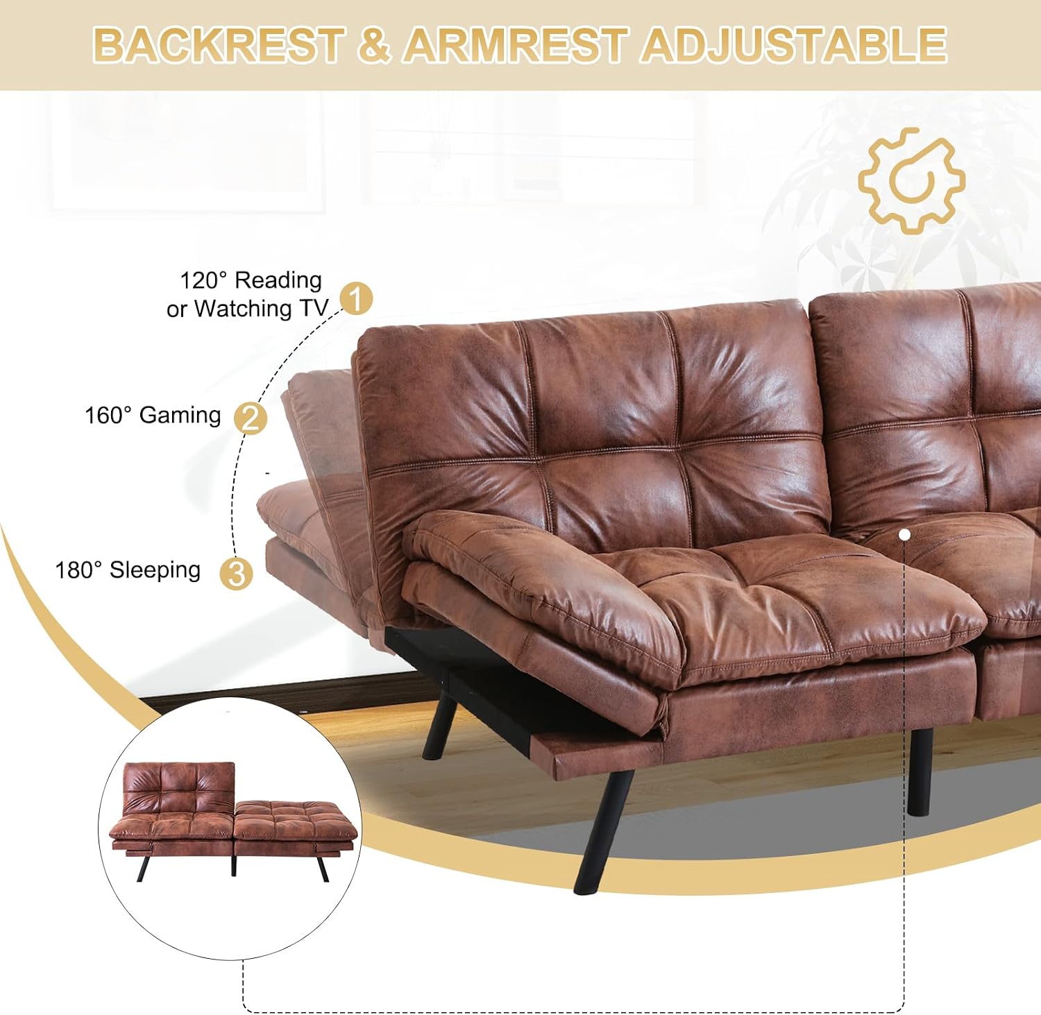 MUUEGM Futon Convertible Sofa Bed, Memory Foam Sleeper Couch,Modern Loveseat for Living Room,Adjustable Armrests Backrest Sofabed, Brown,Faux Leather.