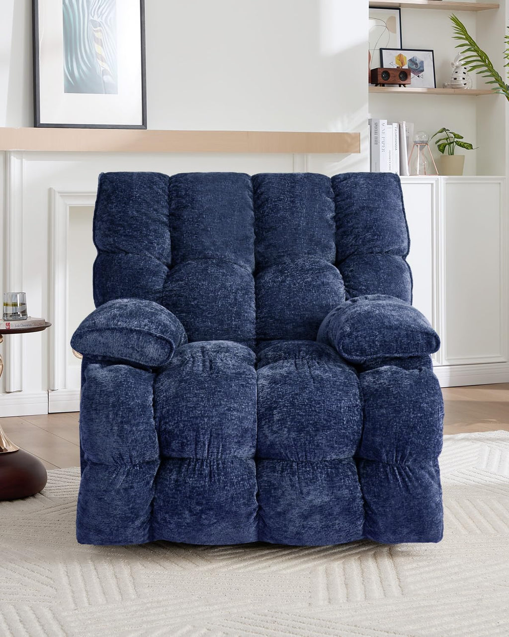 Oversized Manual Recliner Chair with 360° Swivel, Big and Tall Rocker Glider for Nursery Living Room, Chenille Overstuffed Reclining Sofa with Handle, 375lbs (Blue, Manual)
