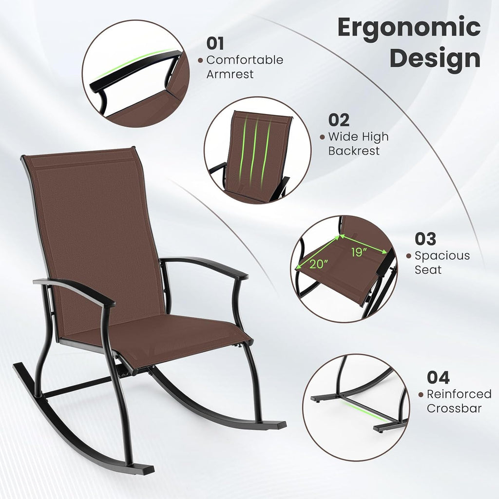 Tangkula Patio Rocking Chairs Set of 2, Outdoor Rocking Chair with Smooth & Safe Rocking Motion, Ergonomic Backrest, Breathable Fabric, All-Weather Outdoor Rocker for Backyard, Poolside (1, Brown)