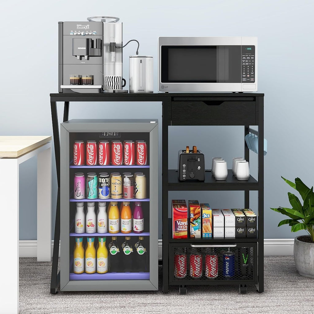 PUNCIA Coffee Bar Cabinet with Mini Fridge Space, Mini Fridge Stand with Power Outlet and Drawer, Wine Refrigerator Stand with Work Platform, Microwave Oven Rack for Dorm, Home Kitchen, Black