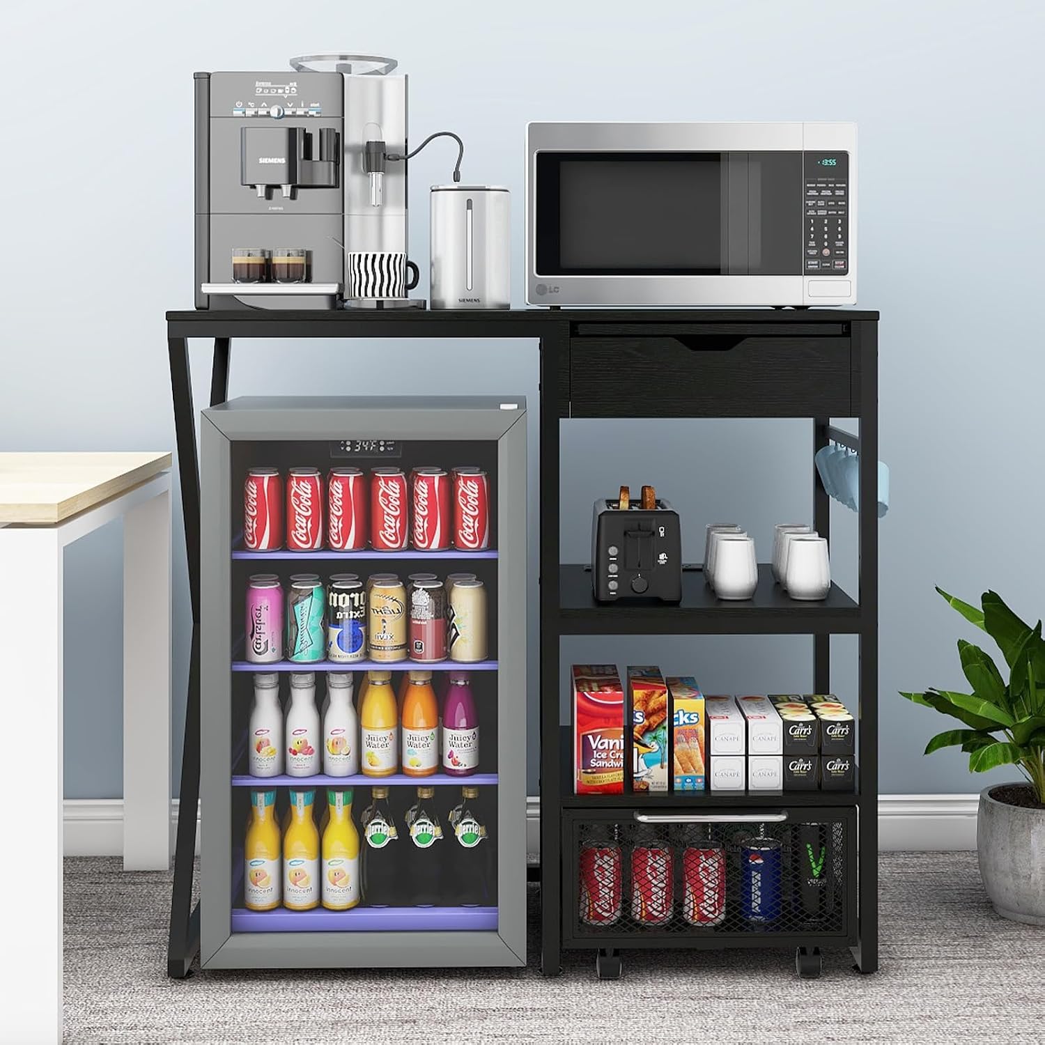 PUNCIA Coffee Bar Cabinet with Mini Fridge Space, Mini Fridge Stand with Power Outlet and Drawer, Wine Refrigerator Stand with Work Platform, Microwave Oven Rack for Dorm, Home Kitchen, Black