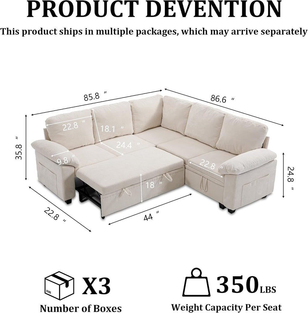 86 Inch Sectional Sleeper L Shaped Sofa with Pull Out Bed, Modular Sectional Sofa with Storage, Modern Chenille Cloud Couch, Sectional Couches for Living Room, Beige