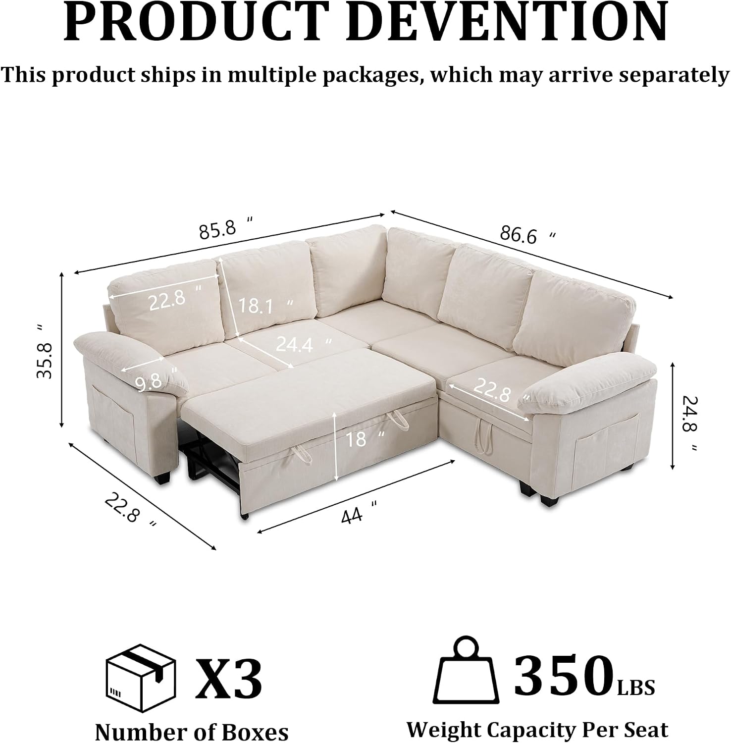 86 Inch Sectional Sleeper L Shaped Sofa with Pull Out Bed, Modular Sectional Sofa with Storage, Modern Chenille Cloud Couch, Sectional Couches for Living Room, Beige
