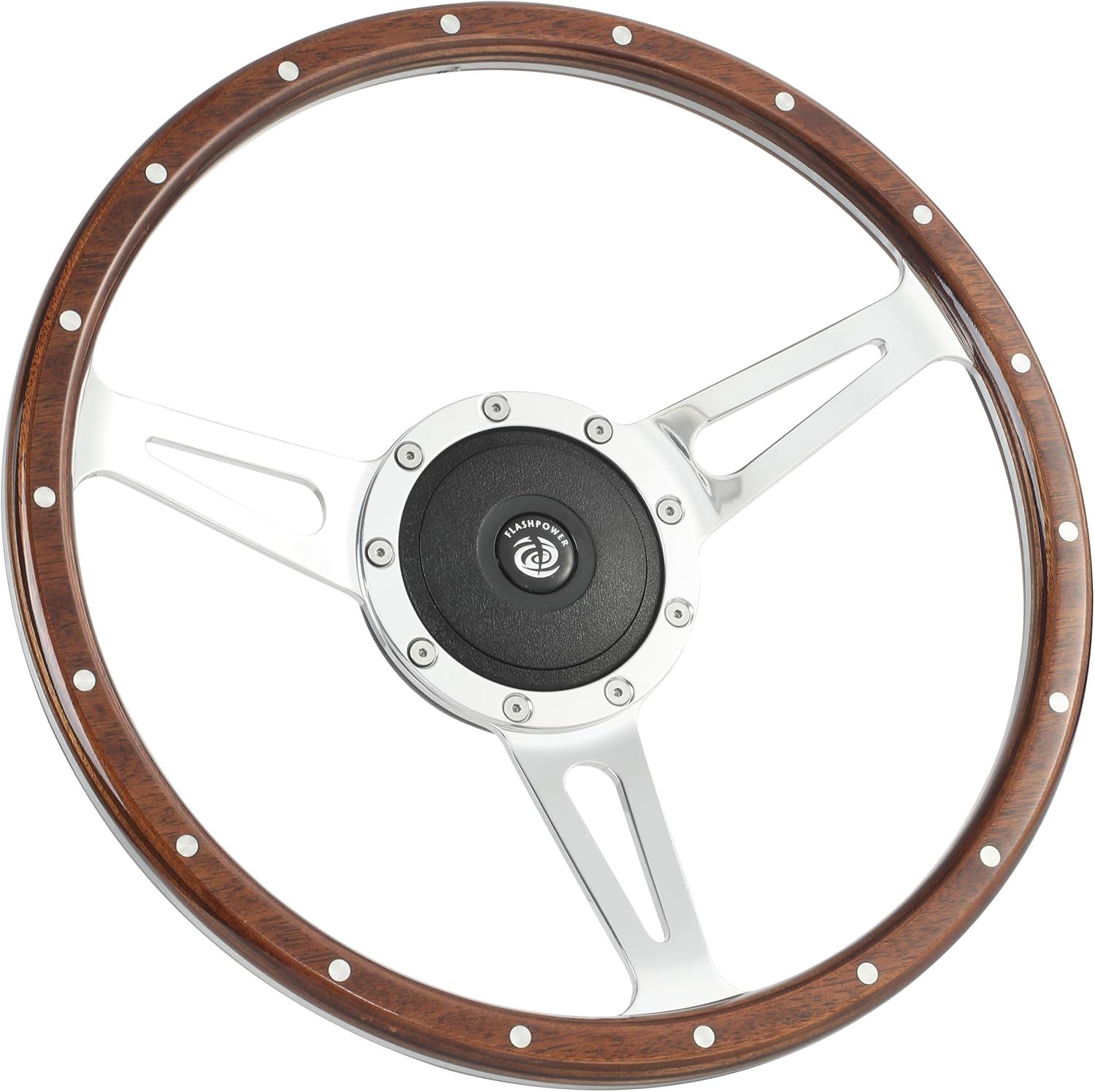 14'' Classic Riveted wood grain steering wheel with horn button