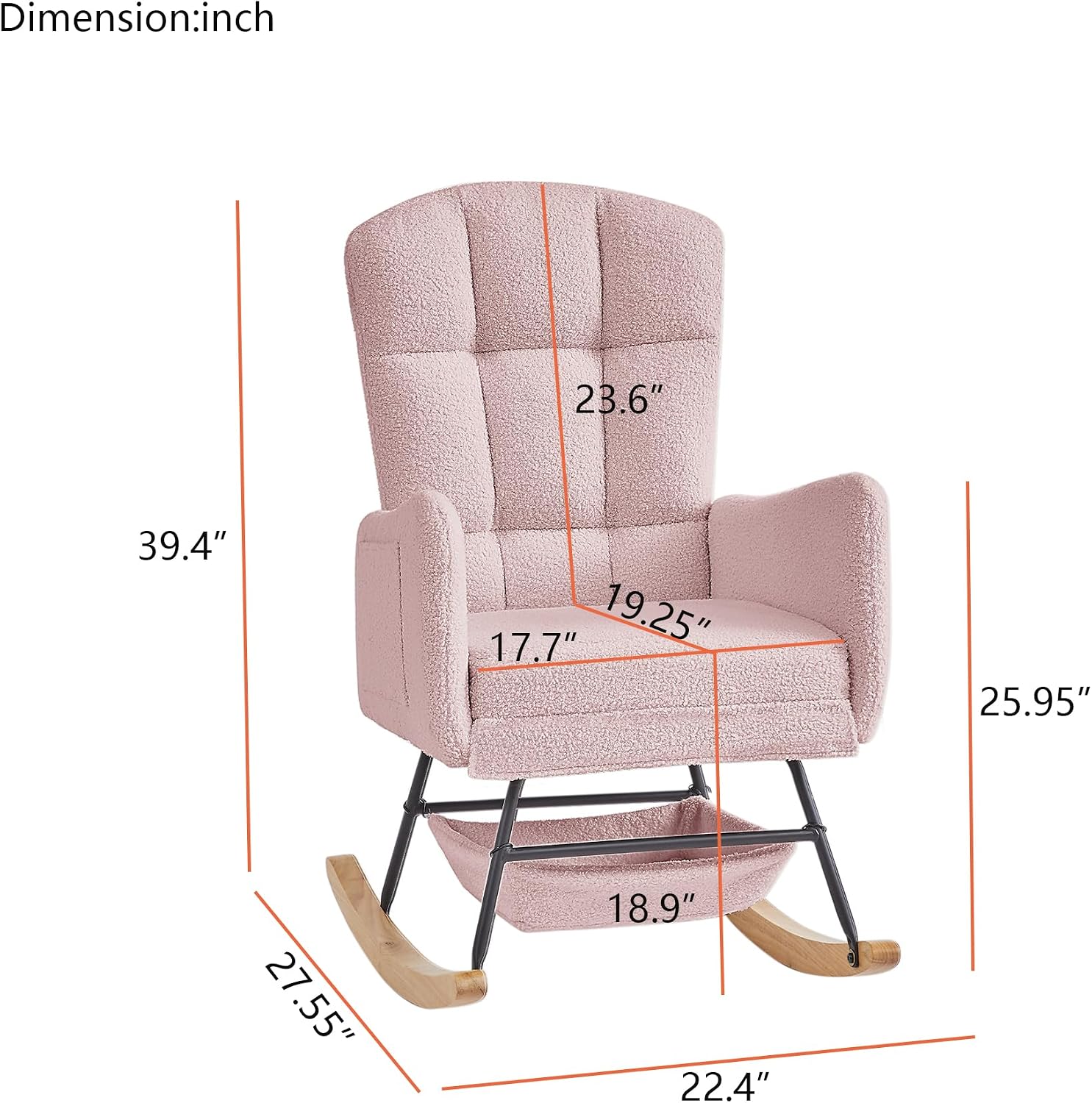 Teddy Upholstered Rocking Chair,Indoor Glider Chair with High Backrest and Side Pockets, Accent Arm Chair with Storage Bag for Living Room. (Pink)