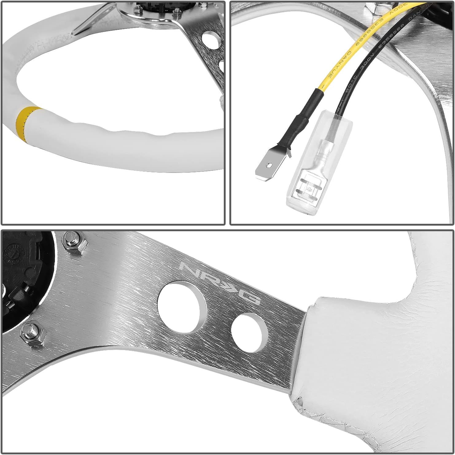 NRG Innovations NRG-RST-006WT-Y Reinforced Steering Wheel 350mm Sport Steering Wheel (3' Deep), Silver Spoke with White Leather Finish and White Stitch