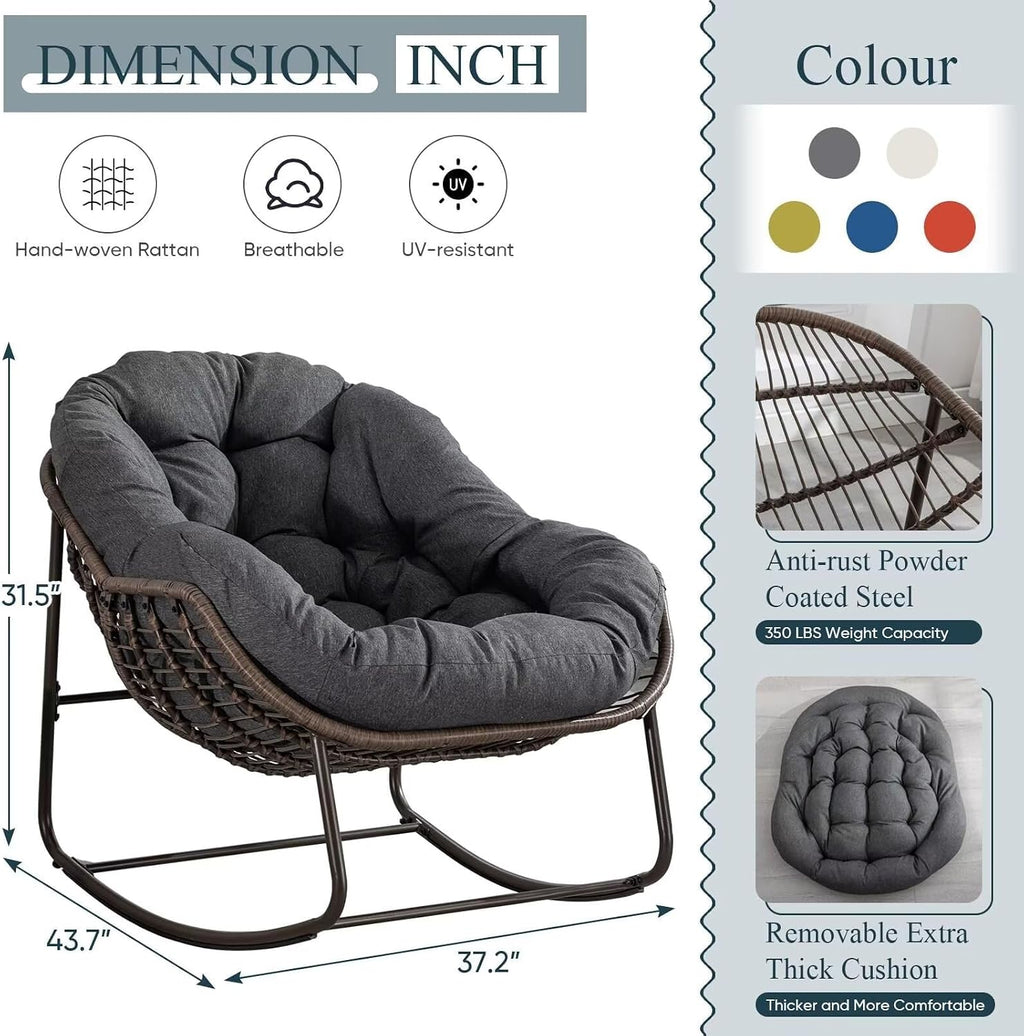 Outdoor Papasan Rocking Chair, Patio Oversized Wicker Egg Rocking Chair, Indoor & Outdoor Comfy Rocker Chair with Thick Cushion, Modern Lounge Chair for Front Porch, Garden, Backyard, Grey