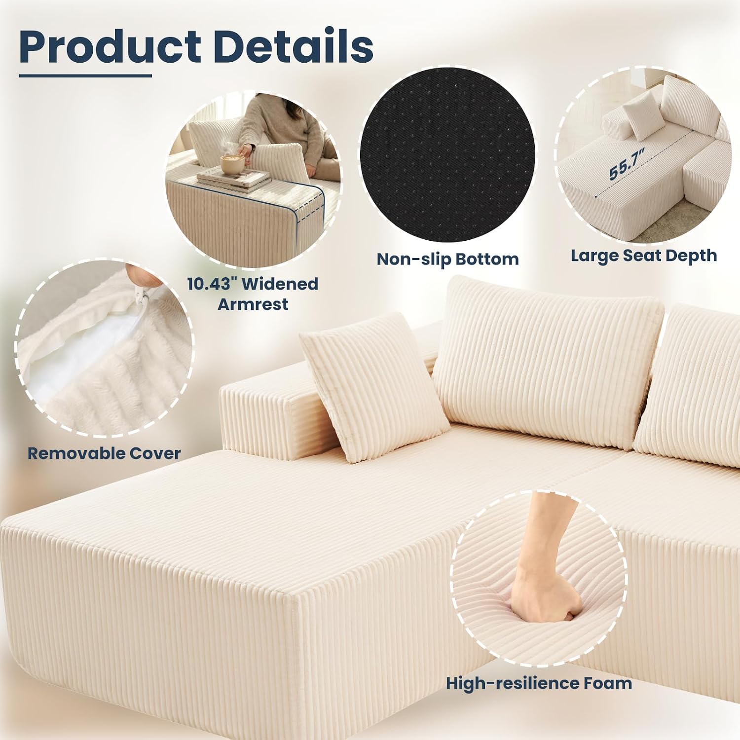 DUMOS 108' Boneless Couch, Cloud Sectional Couch with L-Shape Chaise, Modular Sectional Sofa with Deep Seat, Upholstered Couch for Living Room Bedroom, No Assembly Required, Beige, Left Facing Chaise