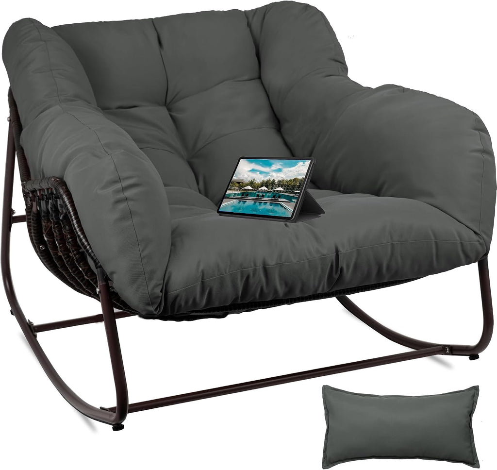 Papasan Rocking Chair Indoor & Outdoor, Oversized Patio Rocking Chairs with Padded Cushion& Pillow-Comfortable Rocker Egg Chair for Front Porch, Garden, Patio, Backyard,Grey,1PC