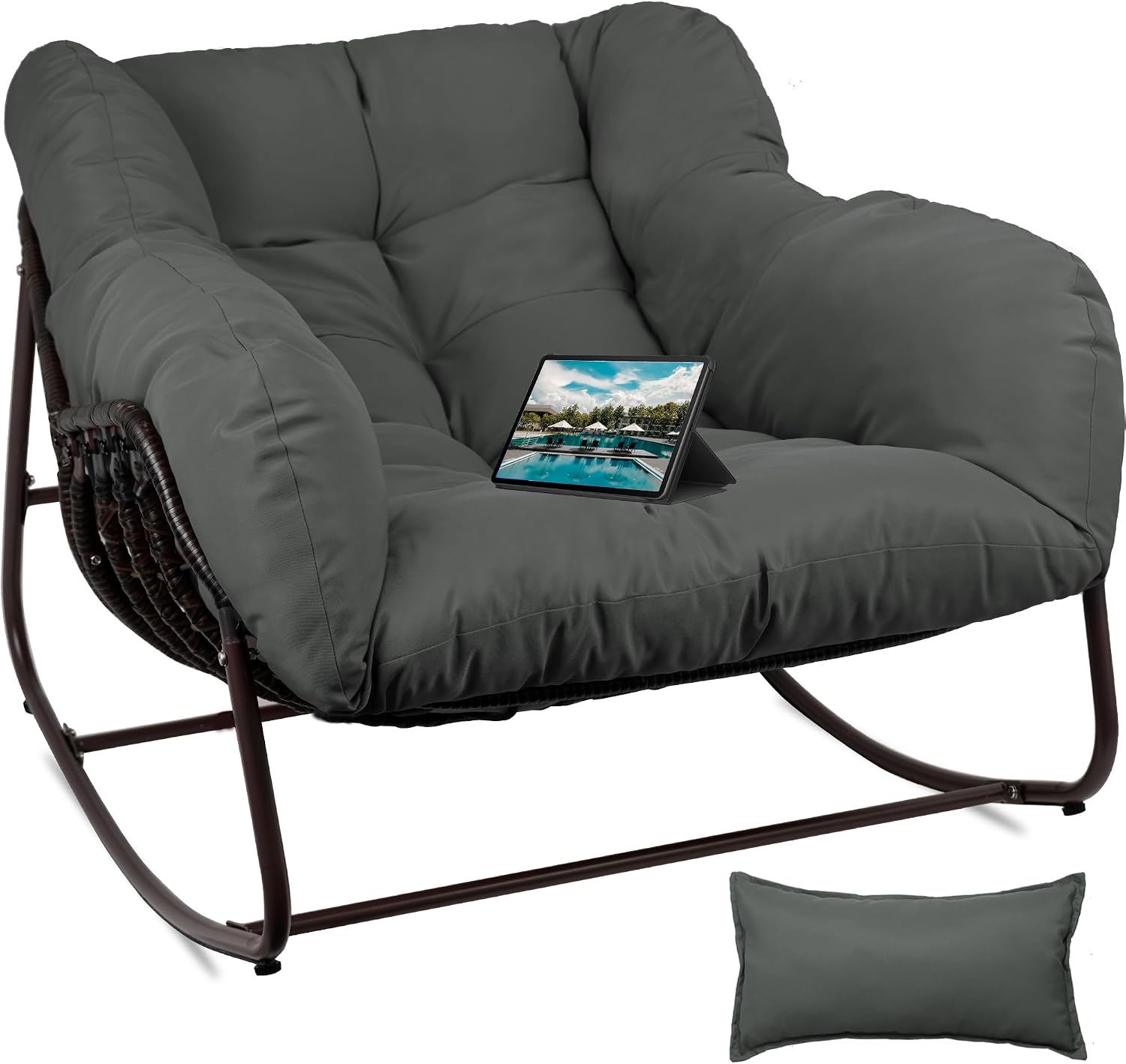 Papasan Rocking Chair Indoor & Outdoor, Oversized Patio Rocking Chairs with Padded Cushion& Pillow-Comfortable Rocker Egg Chair for Front Porch, Garden, Patio, Backyard,Grey,1PC