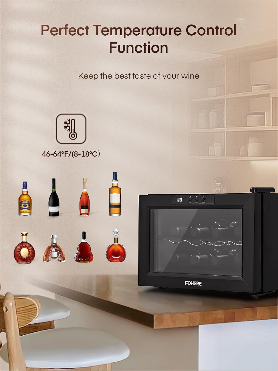 FOHERE 8 Bottles Countertop Wine Fridge, Small Wine Fridge with Double Glass Doors, LED Light, Digital Temperature Control, Wine Cellar for Bar, Home, Office