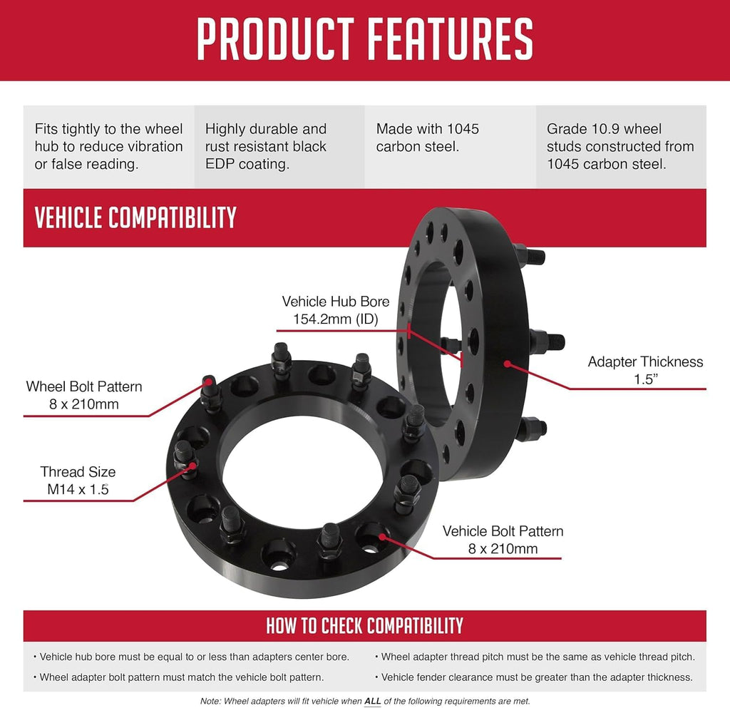 Wheel Accessories Parts 2 Pcs Wheel Spacers Adapters 8 on 210mm 1.50 Thick 154.2mm Hub M14x1.5 14x1.5 Thread Stud Fits Chevrolet Silverado GMC Sierra 3500HD (Dually)