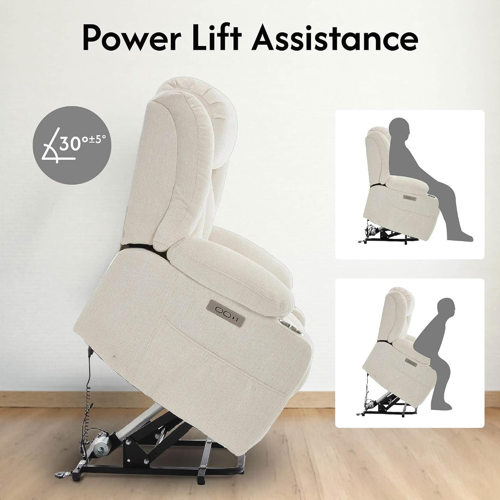 FLEXISPOT Power Lift Recliner Chair with Massage & Heat, Single Motor Lift Chair, Chenille Fabric Upholstery, USB/Type-C, Cup Holders, Side Pockets, Beige