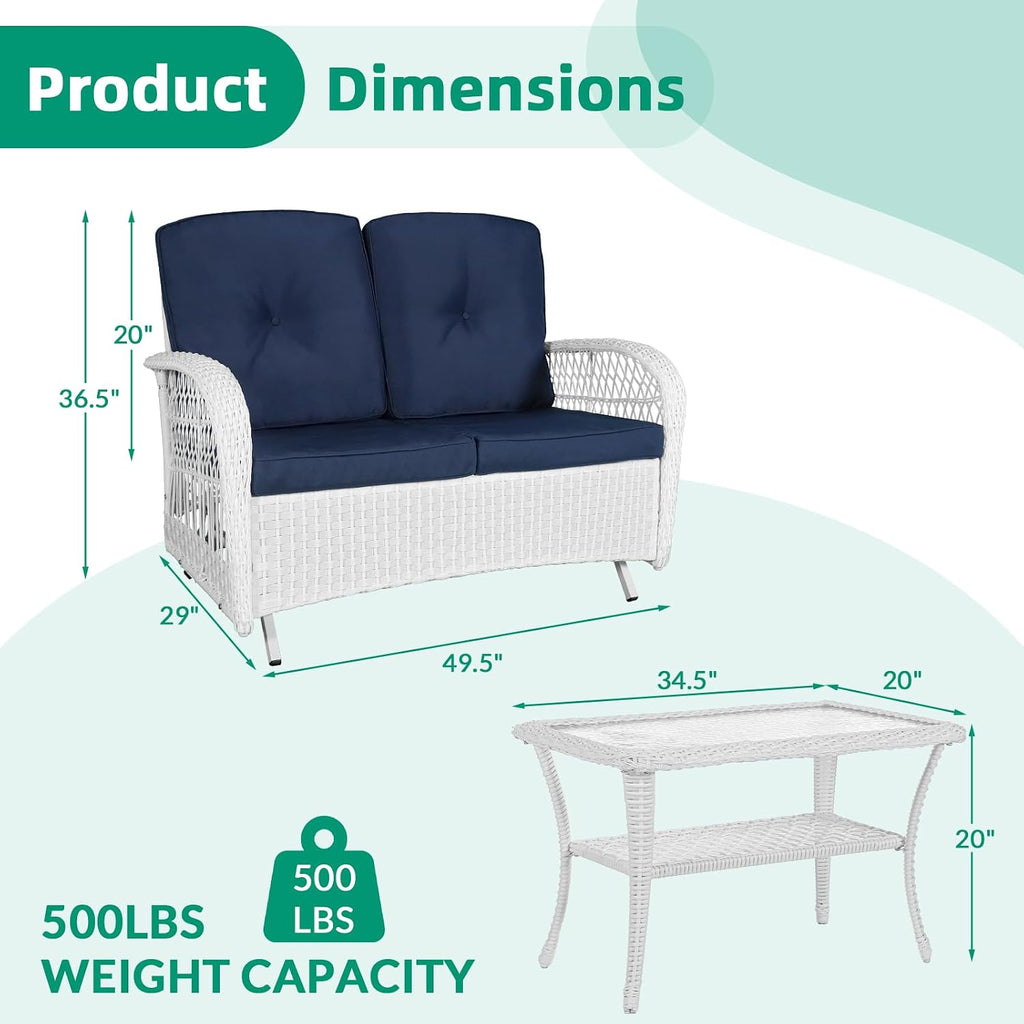 VIVIJASON 2-Piece Patio White Wicker Loveseat Glider Set Cushioned, Outdoor Conversation Furniture Sets W/ 2-Seater Glider Rocking Bench, Coffee Table and Cushions for Porch Garden Poolside, Navy Blue
