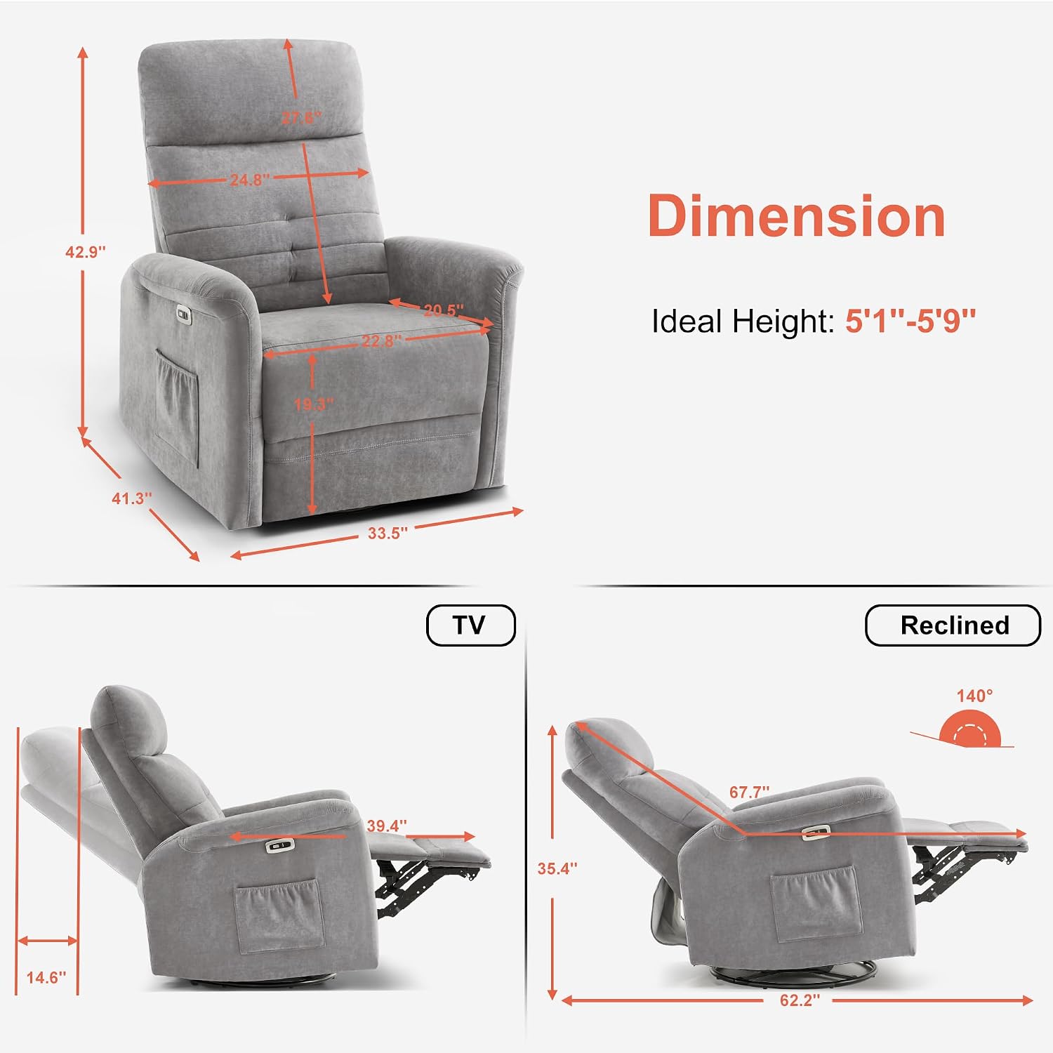 MCombo Power Swivel Glider Recliner Chair, Electric Rocker Recliner Chairs with USB Charging Ports for Living Room and Nursery, Fabric 7763 (Light Grey)
