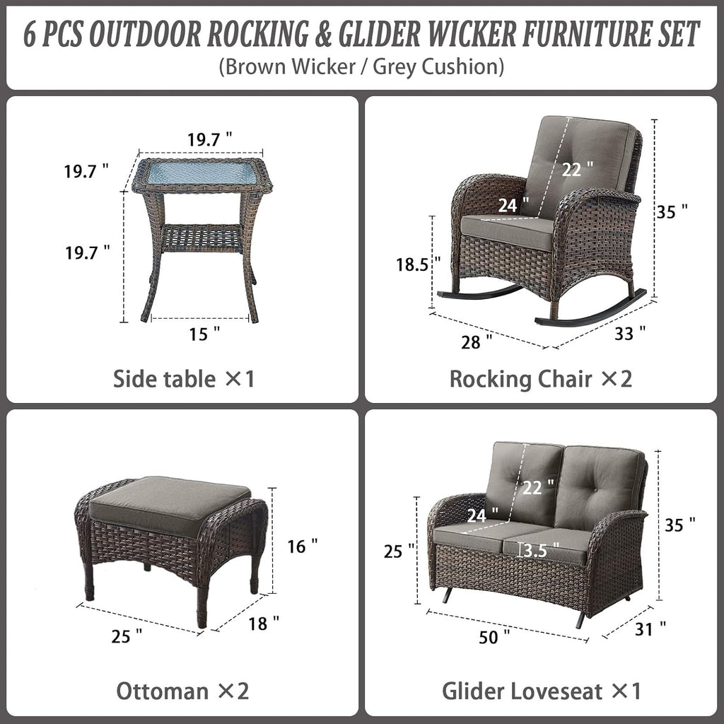 Belord 6 Pieces Outdoor Patio Furniture Set with Wicker Rocking Chairs, Rattan Patio Conversation Set with Glider Loveseat Ottomans and Side Table Brown/Grey