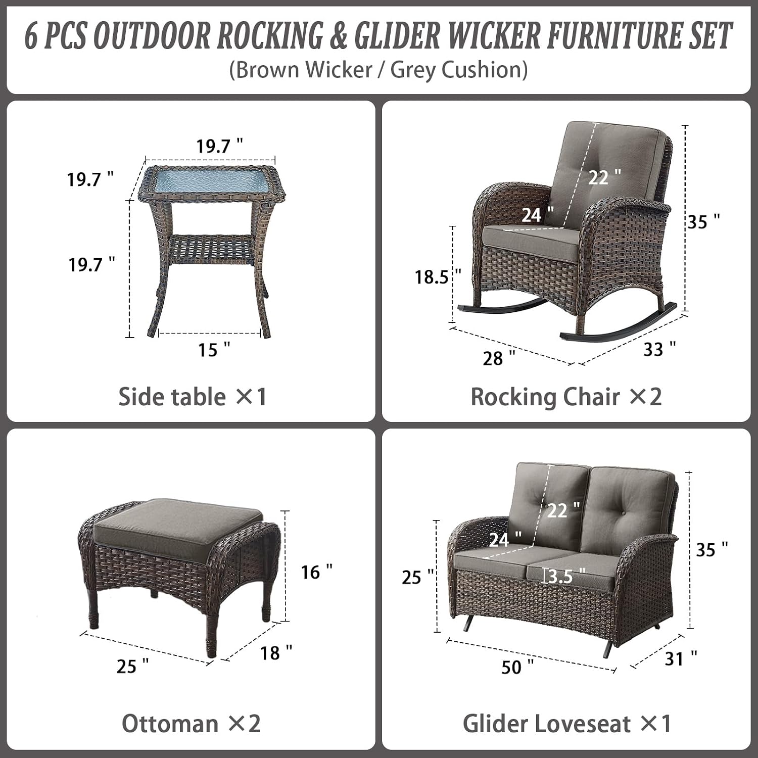 Belord 6 Pieces Outdoor Patio Furniture Set with Wicker Rocking Chairs, Rattan Patio Conversation Set with Glider Loveseat Ottomans and Side Table Brown/Grey
