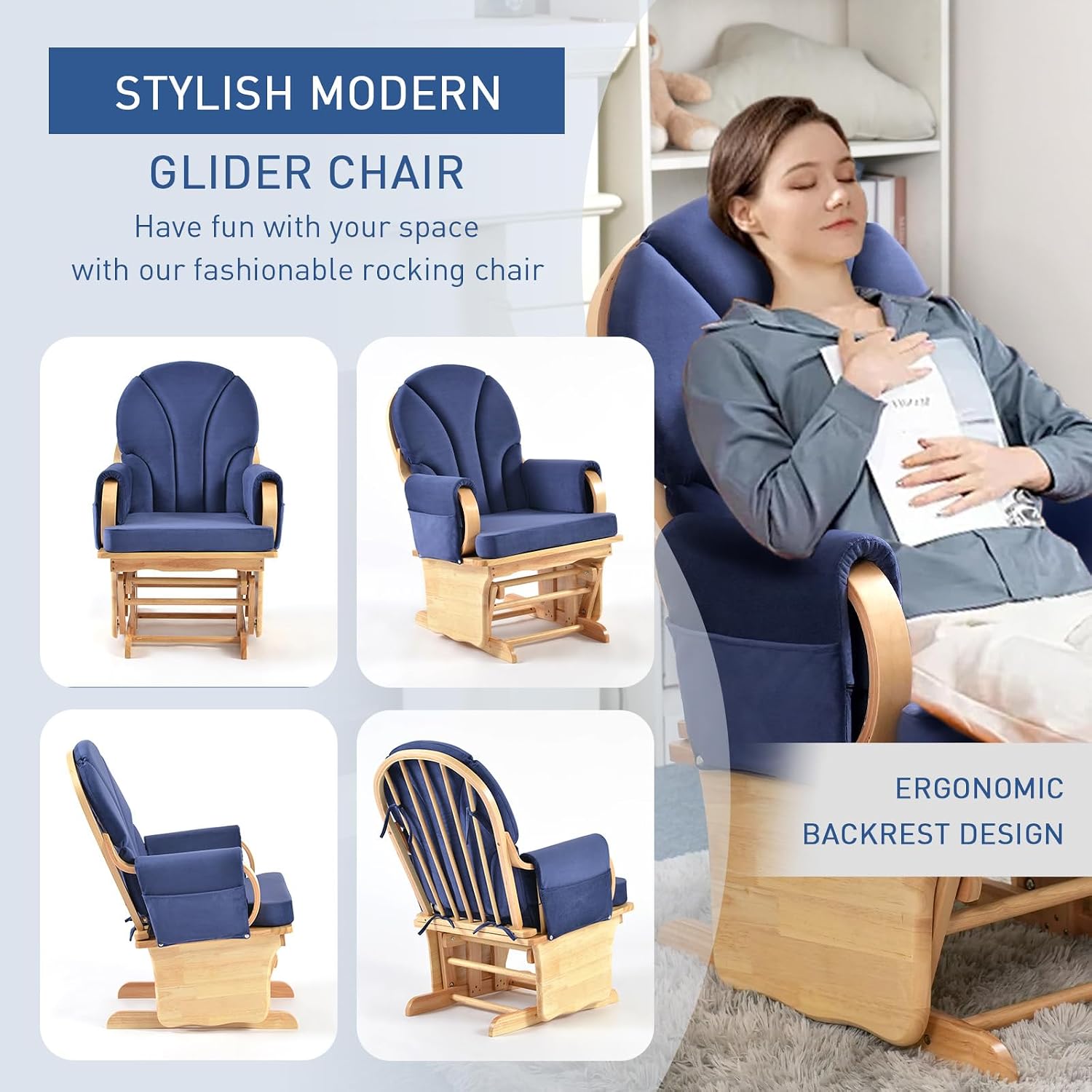 Solid Wood Nursery Glider Rocking Chair, Nursing Rocker Chair with Padded Cushion Armrest, Silent Smooth Rocking Motion for Indoor Living Room Napping Reading, Natural Wood +Blue