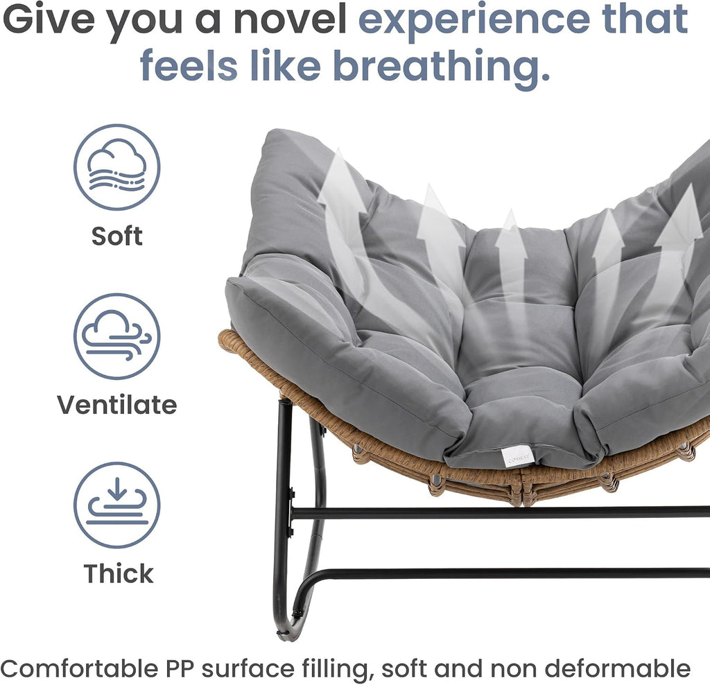 COSIEST Oversized Papasan Rocking Chair with Extra Thick Cushion - 45 in Rattan Wicker Egg Chair for Indoor/Outdoor Use, Swivel Lounge Chair for Patio, Living Room, Bedroom, Grey