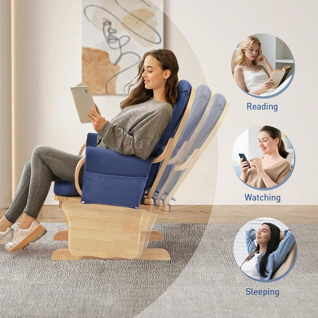 Solid Wood Nursery Glider Rocking Chair, Nursing Rocker Chair with Padded Cushion Armrest, Silent Smooth Rocking Motion for Indoor Living Room Napping Reading, Natural Wood +Blue