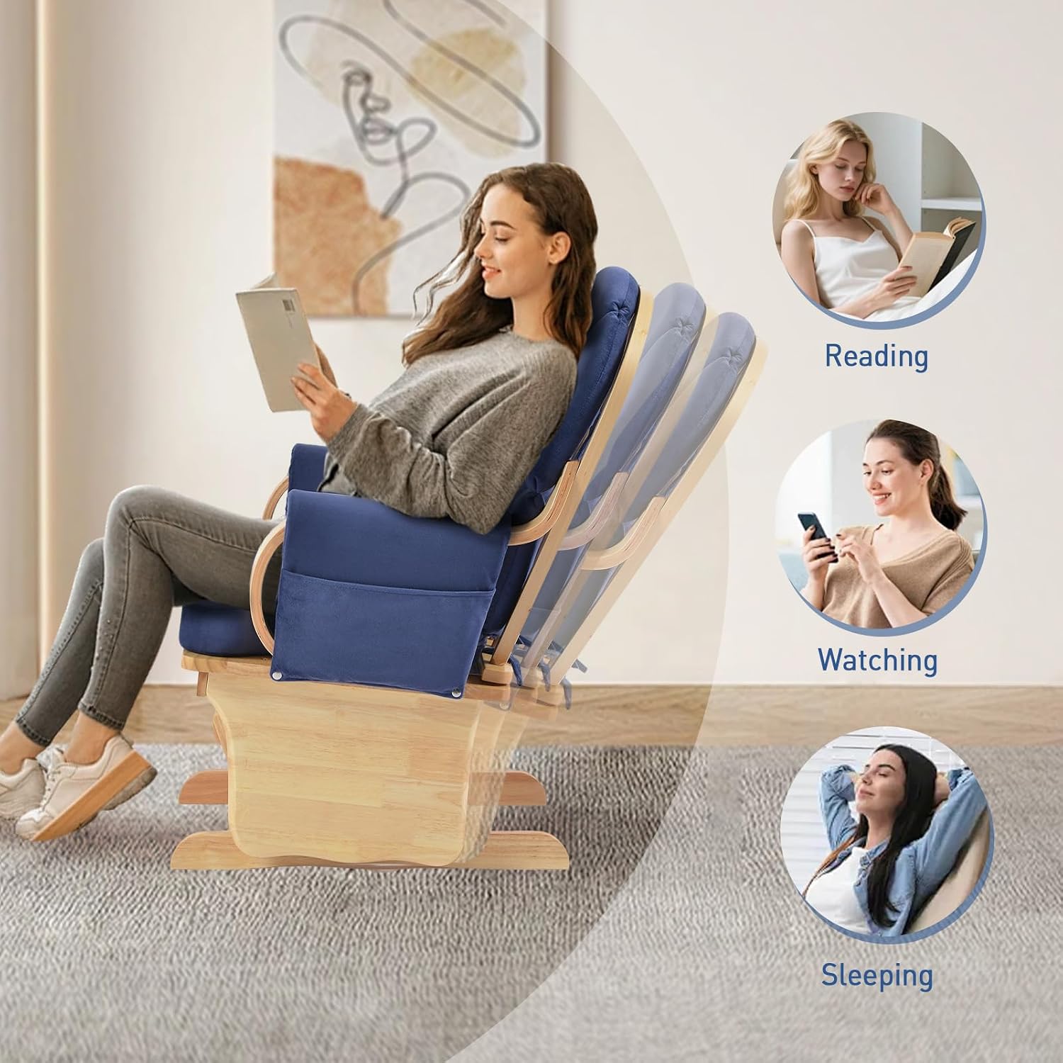 Solid Wood Nursery Glider Rocking Chair, Nursing Rocker Chair with Padded Cushion Armrest, Silent Smooth Rocking Motion for Indoor Living Room Napping Reading, Natural Wood +Blue