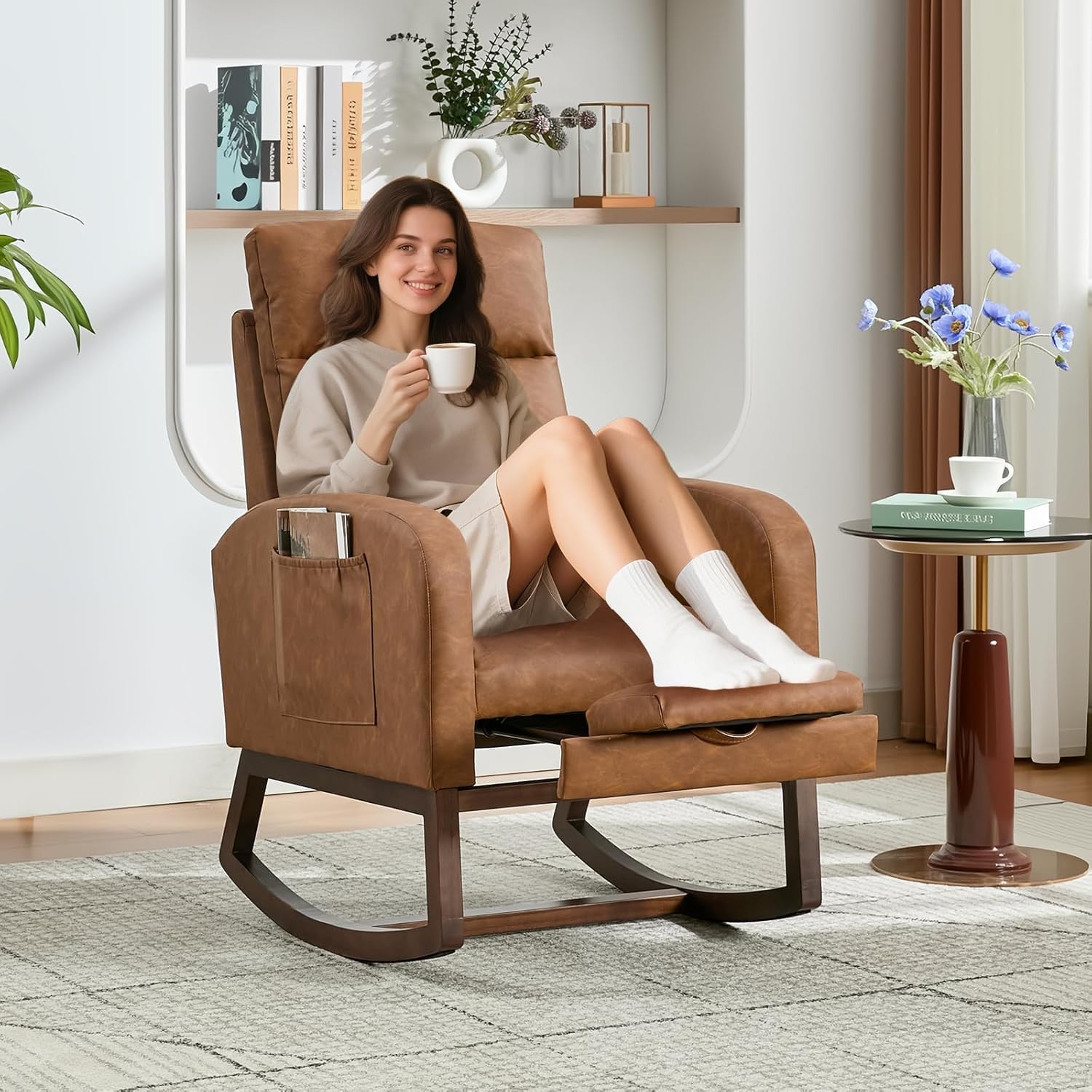 Rocking Nursery Chair for Mom Nursery,PU Rocking Chairs with Foot Rest,High Backrest& Wood Legs and Side Pocket for Living Room,Bedroom,Recliner Armchair,Brown