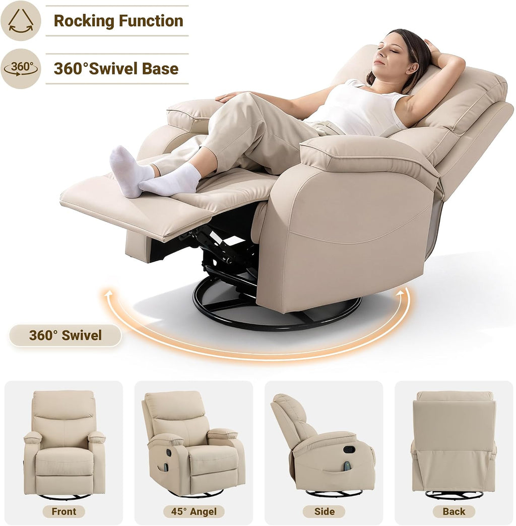 360° Swivel Rocking Recliner Chair, Massage Lazy Boy Recliner, Small Spaces Recliner for Living Room, Bedroom and Nursery, Beige Leather