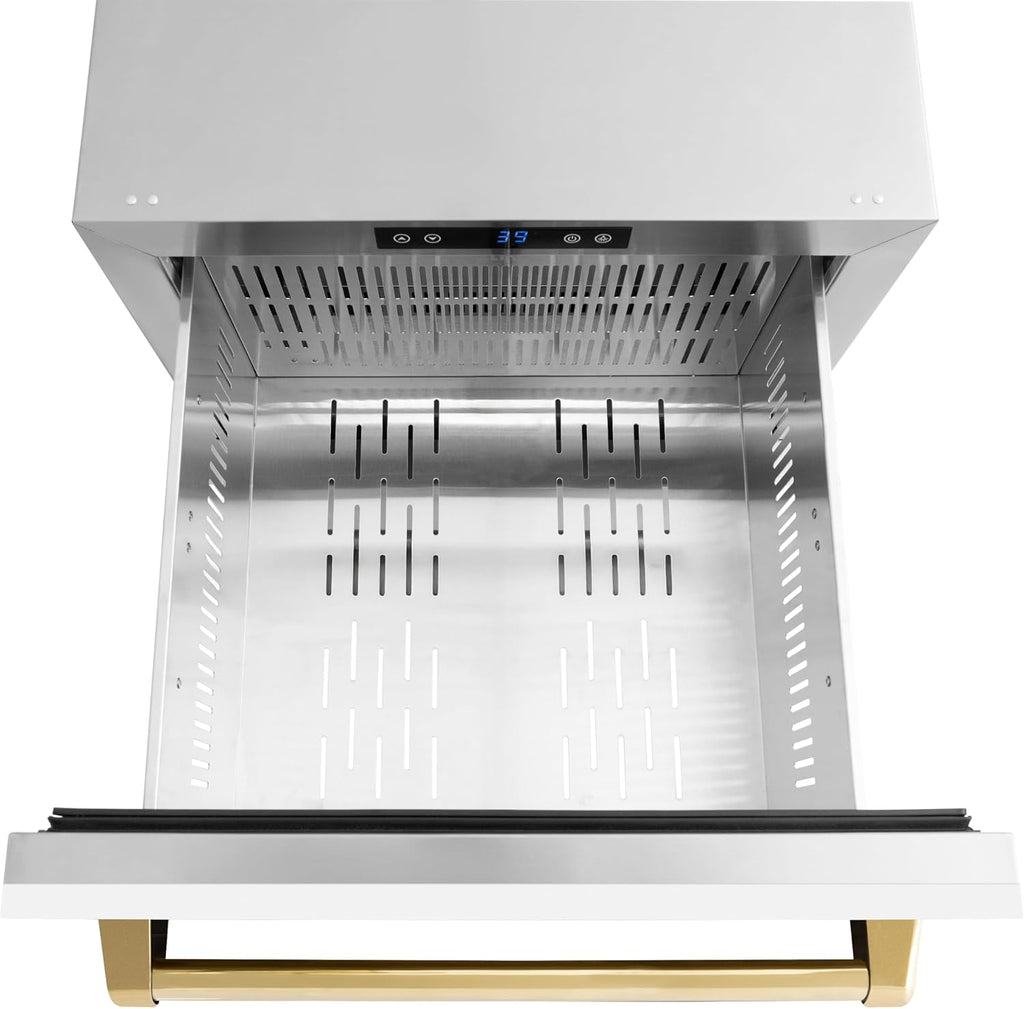 ZLINE Autograph Edition 24 in. Touchstone 168 Can Outdoor-Rated Dual Refrigerator Drawer with White Matte Doors and Polished Gold Handles (RDSOZ-WM-24-G)