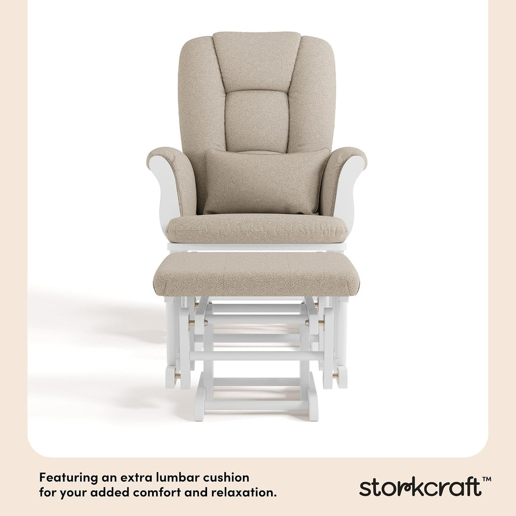 Storkcraft Tuscany Custom Glider and Ottoman with Free Lumbar Pillow (White/Taupe Swirl) - Cleanable Upholstered Comfort Rocking Nursery Chair with Ottoman