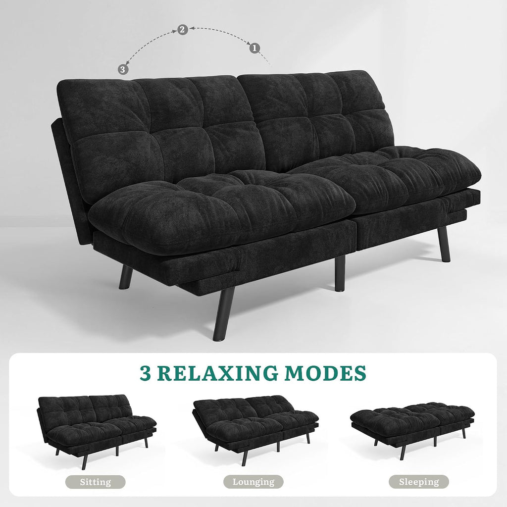 DWVO Sofa Bed with 3-Position Adjustable Backrest & Armrests, Upholstered Loveseat Couch Bed, Expandable Foldable Design for Living Room, Bedroom, Black