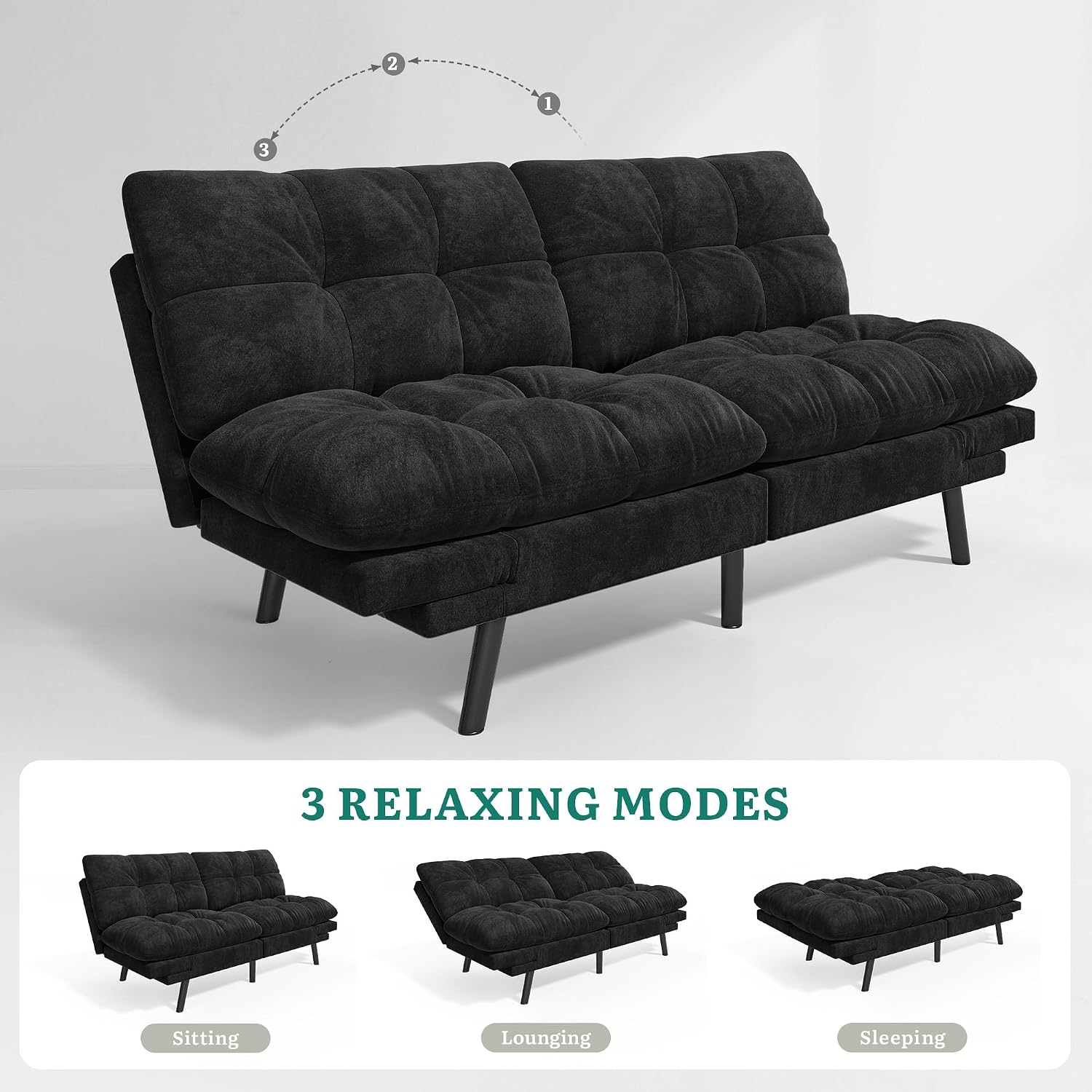 DWVO Sofa Bed with 3-Position Adjustable Backrest & Armrests, Upholstered Loveseat Couch Bed, Expandable Foldable Design for Living Room, Bedroom, Black