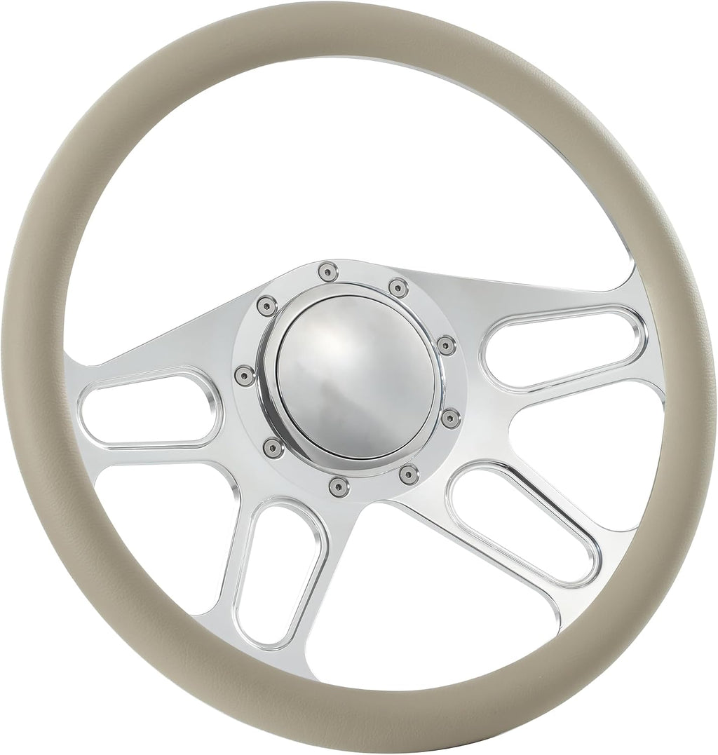 14'' Billet 4-slot Half Wrap 9 Bolts Steering Wheel with 2'' Dish and Horn Button Compatible with Chevy, Ford, GM (Tan)
