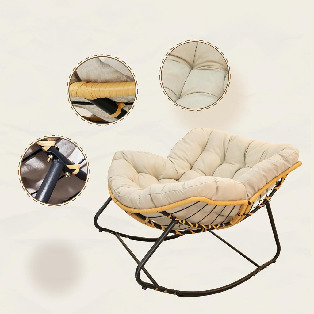 Outdoor Rocking Chair, Patio Egg Rocking Chair, Indoor Papasan Chair, Rattan Wicker Lounge Chair, Modern Royal Chair for Bedroom, Living Room, Porch, Garden,Lawn-Beige (Beige)
