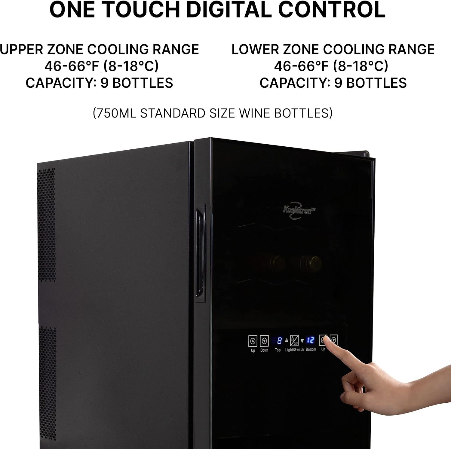 Koolatron 18 Bottle Dual Zone Wine Cooler, Black Thermoelectric Wine Fridge, 1.7 cu. ft (48L), Freestanding Wine Cellar, Red, White, Sparkling Wine Storage for Home Bar, Kitchen, Apartment, Condo