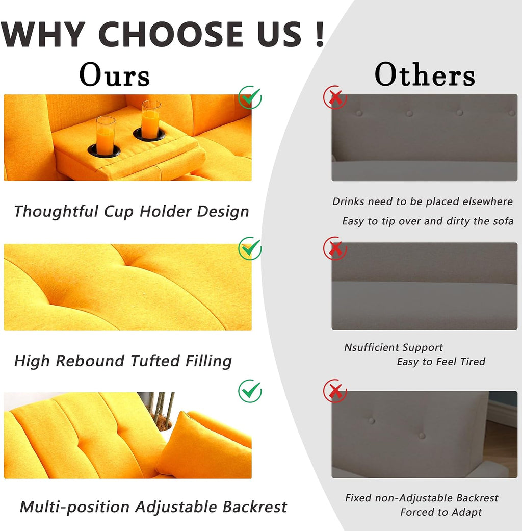 70' Futon Sofa with Cupholders,Adjustable Backrest Cotton Linen with Cup Holders and 2 Throw Pillows Sleeper Sofa for Living Room Apartment Small Space (Pumpkin Yellow)